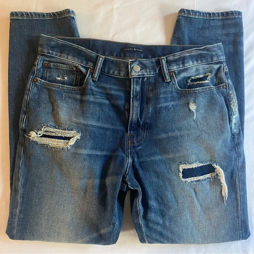 Lucky Brand 411 Athletic Taper Jeans Mens 34x29 Stretch Blue Distressed Faded